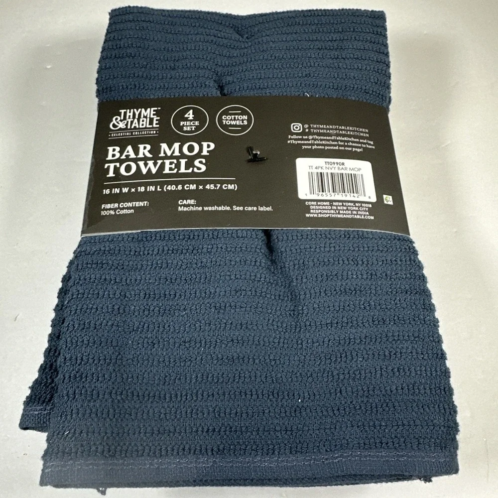 Thyme & Table Bar Mop Towels Navy 4 Pack Set Super Soft New